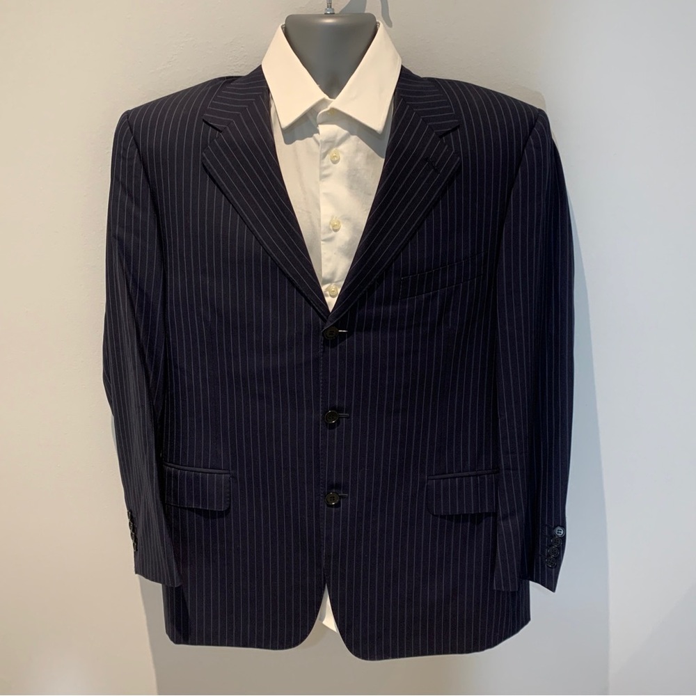 Italian Canali Mens Three Button Notched Blazer Jacket navy Pinstriped Wool Sz44